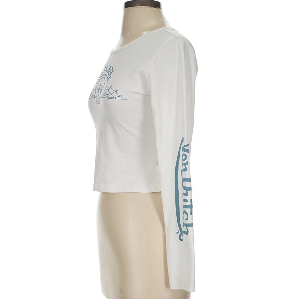 Von Dutch Y2K White Crop Top Skull Graphic Long Sleeve Stretch Tee Women Size S - Picture 6 of 8